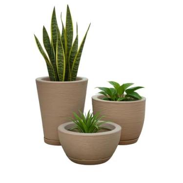 Imagem de Kit com 3 Vaso de Planta Decorativo com Prato, Ideal para Bonsai e Planta Artificial, Vasos Modernos para Decoração de Sala, Varanda e Ambiente Interno (Bege)