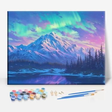 Imagem de HUINORYA Denali Aurora Boreal Alasca Tela Emoldurada DIY Kit de Pintura por Números Bar Café Caverna Casa Parede Banheiro Varanda Pátio Decoração Presente, 40,6 x 30,5 cm