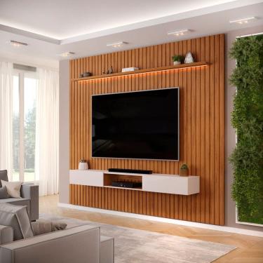 Imagem de Painel para Tv até 75 Polegadas Ripado com Nicho e LED 275cm Trento Freijó/Off White