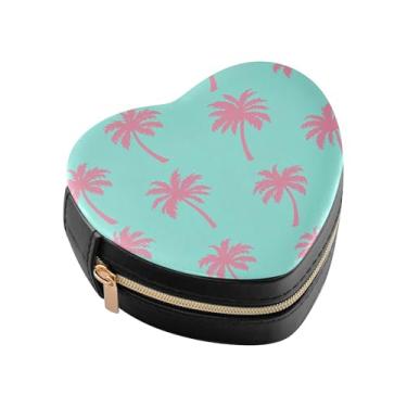 Imagem de Burbuja Caixa de joias em forma de coração com palmeiras rosa em forma de coração, mini estojo de viagem para mulheres e meninas, organizador portátil de armazenamento para brincos, anéis, colares e