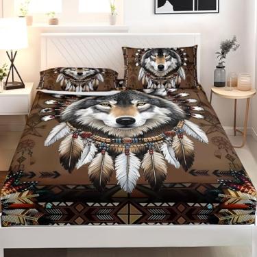Imagem de AILONEN Jogo de lençol casal com cabeça de lobo, 3 peças, boêmio apanhador de sonhos para decoração de quarto, animal do sudoeste, 1 bolso profundo com 2 fronhas, macio e respirável