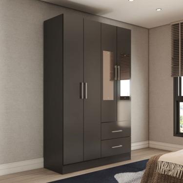 Imagem de Guarda-Roupa Solteiro Paraná 4 Portas 2 Gavetas com Espelho Preto - Panorama Móveis