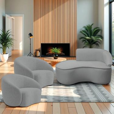 Imagem de Kit Divã Recamier Orgânico Marrocos 150cm Lado Esquerdo E 2 Poltronas Amore Bouclé Cinza