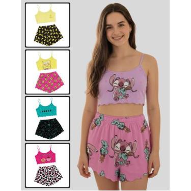 Imagem de Pijama Feminino Estampas Divertidas, Conjunto Cropped Alça e Short Mal