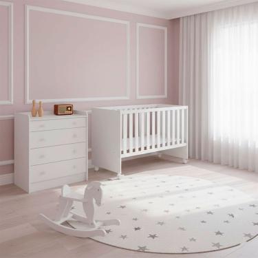 Imagem de Quarto Bebe Infantil Doce Sonho Berco Reto Rodizio e Comoda Trocador 4 Gavetas Qmovi