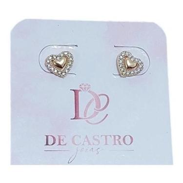 Imagem de Brinco Infantil Coração Pedra Zirconia Dourado 2 Furo Pequen - De Cast