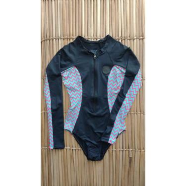 Imagem de Maiô Adulto Cavado Manga Longa Lycra UV50+ preto zigzag Pink Tamanho:G