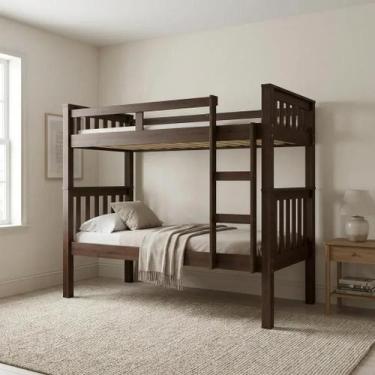 Imagem de Beliche Solteiro em Madeira Maciça com Escada e Grades de Proteção Cas