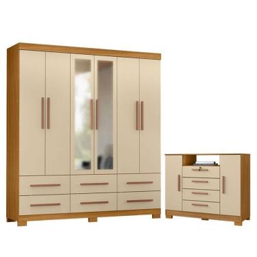 Imagem de Cômoda Madri E Guarda Roupa Casal New Kansas Com Espelho Carvalho Americano Off White - Incorplac