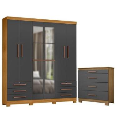 Imagem de Cômoda 4 Gavetas New e Guarda Roupa Casal Londres com Espelho Carvalho
