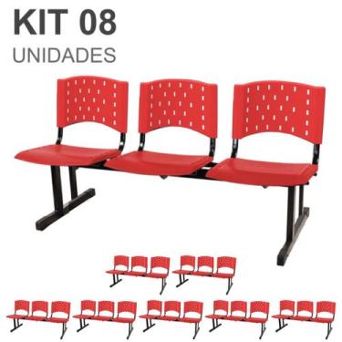Imagem de Kit 08 Cadeiras longarinas PLÁSTICAS 03 Lugares - Cor VERMELHO - REALP