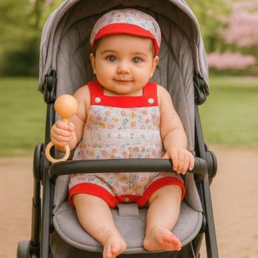 Imagem de Conjunto Macacão + Boné Bebê Menina Jardineira Fofa Estampada Curto Ca