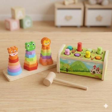 Imagem de Kit Brinquedos Educativos Bate Na Toupeira + Torre De Encaixe Formas -