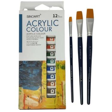 Imagem de Estojo Tinta Acrílica Sinoart 12 Cores + Pincéis Lefranc 03 Unidades -