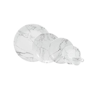 Imagem de Serviço de Jantar e Chá 30 peças em Porcelana. Modelo Redondo Voyage Coup e Sofia. Decoração Mármore Cinza. Fabricado pela Schmidt.