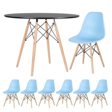 Imagem de Mesa Redonda Eames 100cm Preto + 6 Cadeiras Azul Claro