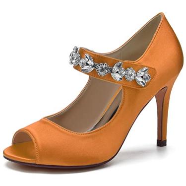 Imagem de Sapatos de casamento de noiva de cetim feminino escarpins peep toe com strass salto agulha alto marfim sapatos sociais 35-43,Orange,4 UK/37 EU