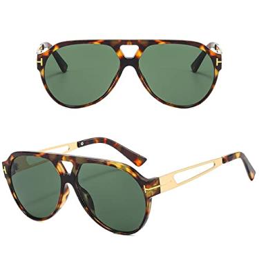 Imagem de Óculos de sol masculinos clássicos de metal T designer gradiente grandes óculos de sol vintage masculino motorista, verde leopardo, tamanho único