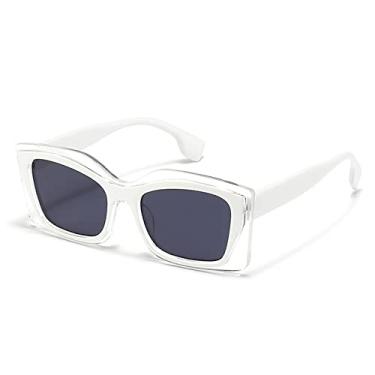 Imagem de Óculos de sol de olho de gato retangular de retalhos vintage para mulheres moda moldura de cor dupla óculos de sol gradiente de polígono branco, cinza branco, sem estojo