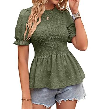 Imagem de Blusa feminina de chiffon manga curta casual gola redonda doce camisa manga curta camiseta lisa verão blusas finas, verde, P
