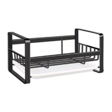 Imagem de Organizador de pia de cozinha, suporte de esponja para pia, bandeja de escorredor, panos de prato escova bancada de armazenamento de sabão com bandeja removível (não incluindo dispensador e esponja) (preto)