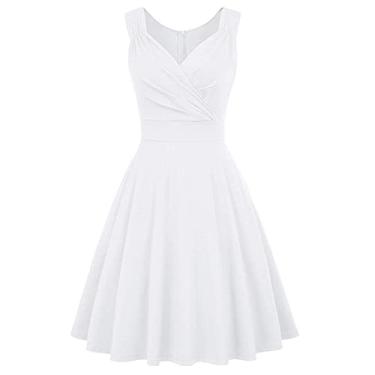 Imagem de AQQYA Vestido feminino sem mangas com decote em V, evasê, liso, vintage, rodado, para coquetéis, Branco, GG