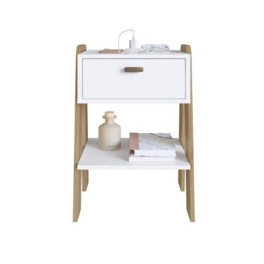 Imagem de Conjunto 2 Mesas de Cabeceira Terni com Gaveta, Prateleira eTomada Branco/Aveiro Oak