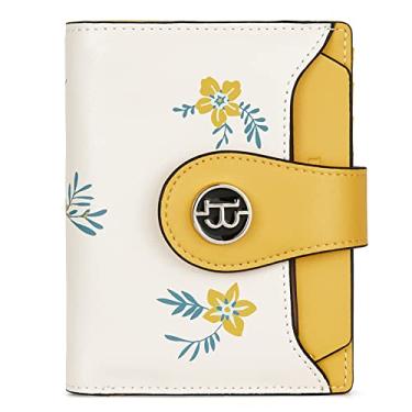 Imagem de BOSTANTEN Carteira feminina de couro com bloqueio de RFID, pequena dobra com zíper, bolso para cartão e janela para identidade, Amarelo floral, small 4.72" x 3.93" x 0.78"