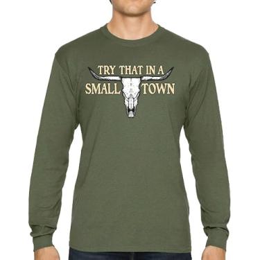 Imagem de Camiseta de manga comprida Try That in a Small Town Cattle Skull American Patriotic Country Music Conservative Republican, Verde militar, XXG