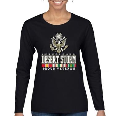 Imagem de Camiseta feminina de manga comprida Desert Storm Proud Veteran American Army Gulf War Operation Served DD 214 Veterans Day Patriot, Preto, XXG