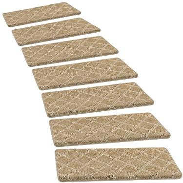 Imagem de PURE ERA Bullnose Conjunto de tapetes para escadas, sem fita, antiderrapante, para uso interno, tapetes para animais de estimação 24 cm x 76 cm (7 peças, treliça de diamante cáqui)