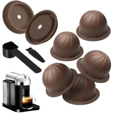 Imagem de 5 cápsulas reutilizáveis de café Vertuo, cápsula de café recarregável, compatível com máquina de café Nespresso Vertuo, com 2 peças de tampa de cápsula de café reutilizável, colher e pincel