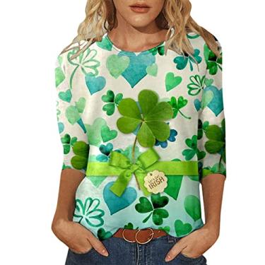 Imagem de Camiseta feminina St Pattys Day Lucky Shamrock verde túnica moda casual blusas manga 3/4, Azul-celeste, M