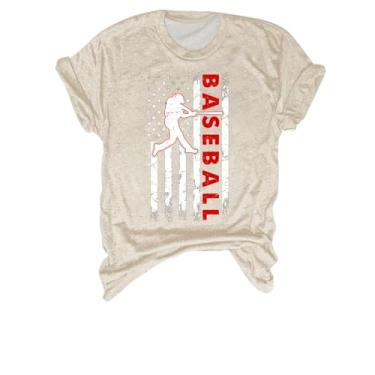 Imagem de Camiseta feminina de beisebol, gola redonda, manga curta, caimento solto, casual, camiseta divertida de beisebol de verão, Bege, GG