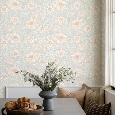 Imagem de Simon&Siff Papel de parede floral de 43 x 38 cm, papel de parede vintage, removível, autoadesivo, branco, para locatário, para quarto, banheiro, gaveta, armários, decoração