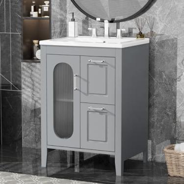 Imagem de Vaidade de banheiro de 61 cm com pia, armário de banheiro com duas gavetas e porta, prateleira ajustável, madeira maciça e MDF, cinza