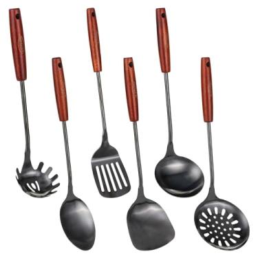 Imagem de FJNATINH Conjuntos de utensílios de cozinha de aço inoxidável 304 – 6 peças de conjuntos de espátulas wok, utensílios de cozinha, espátula, concha de sopa, colher de escumadeira, espátula com fenda,