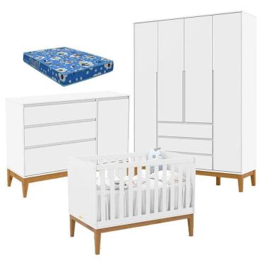 Imagem de Quarto de Bebê Nature Clean 4 Portas com Berço Unique Branco Soft Eco Wood e Colchão Ortobom – Matic