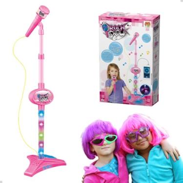 Imagem de Microfone Infantil Brinquedo Menina Karaoke Bebe Com Pedestal Rosa Com Luz Conecta Celular Sai Voz Som Cabo P2