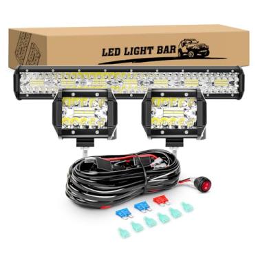 Imagem de Barra de luz LED 50 cm 420 W e 2 peças de 10 cm 60 W, kit KINGOPT LED de alto brilho com chicote de fiação, luzes de neblina, luzes de trabalho para caminhões, SUV, ATV, UTV, golfe, carro, Jeep