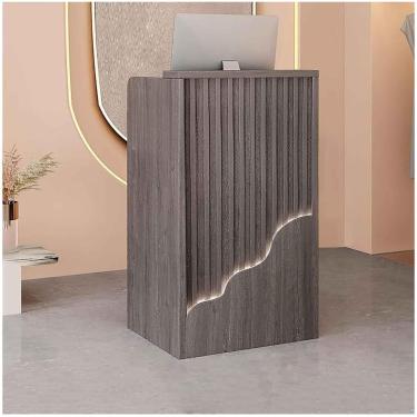 Imagem de Balcão de recepção pequeno com balcão e prateleiras abertas Balcão de varejo moderno com gavetas Balcão de recepção para loja de hotel, cinza claro, 60 * 40 * 96 cm