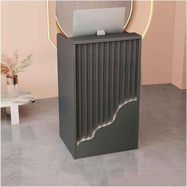 Imagem de Balcão de recepção pequeno com balcão e prateleiras abertas Balcão de varejo moderno com gavetas Balcão de recepção para loja de hotel, cinza, 60 * 40 * 96 cm