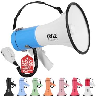 Imagem de Pyle Megafone Bullhorn de 50 W - portátil, sirene automática e volume ajustável, alcance de projeção de até 1200 jardas quadradas, entrada auxiliar, talk, sirene, música, apito e gravação, alça de