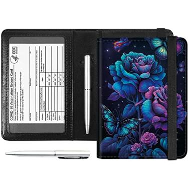 Imagem de Combo de porta-cartões de passaporte e vacina, couro PU com bloqueio de RFID, capa para passaporte para mulheres, capa de couro para carteira de passaporte de viagem com faixa elástica, com caneta,
