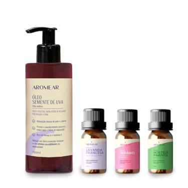 Imagem de Aromear, Kit Óleo Semente de Uva e 3 Óleos essencias (Lavanda Francesa, Hortelã Pimenta e Gerânio)