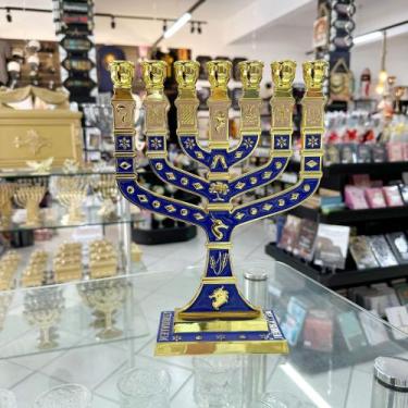 Imagem de Menorah Folheada a Ouro / Importada de Israel -AZUL - O Caqntinho da F