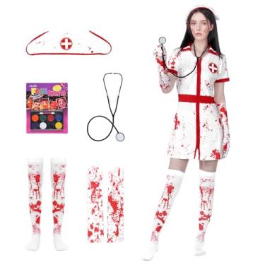 Imagem de Ficlwigkis Zombie Nurse Costume Women Halloween Costumes Adult Halloween Killer Bloody Dress 6 PCS Set for Cosplay Dress Up (White, X-Large)
