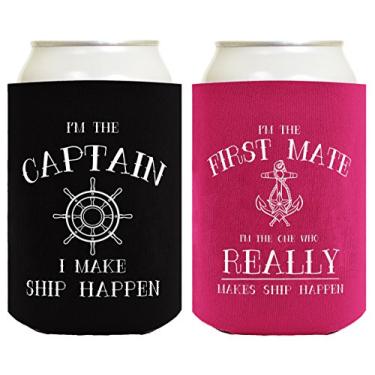 Imagem de Conjunto de presente náutico para velejar do Capitão First Mate embalagem com 2 potes de geladeira Coolie Drink Coolers Coolies Black Magenta