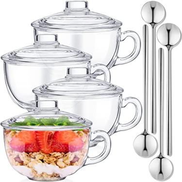 Imagem de Didaey Conjunto de 4 tigelas de vidro para cereais tigelas de sopa de vidro seguras para micro-ondas com alça e colher tigela de aveia transparente para mistura de ramen canecas de café de vidro com tampas, leite e tigelas de café da manhã para iogurte 600 ml