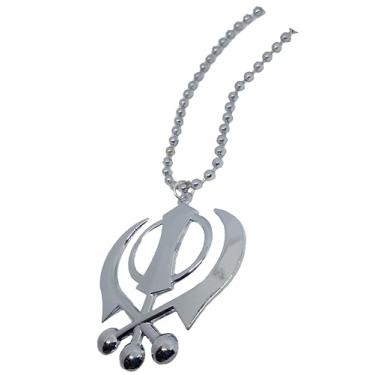 Imagem de BEXCO Espelho retrovisor de metal Sikh Khanda Sahib pendurado para carro - Completo com corrente (8 cm, prata)